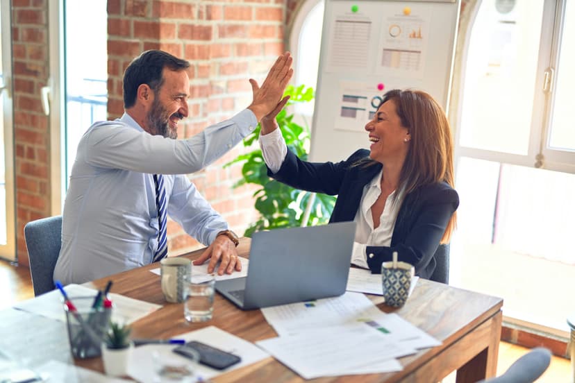 Partners - Reseller A woman (right) and a man (left) sitting at an office doing a high five. They have an open laptop, various papers and other office materials as well as mugs on the desk. There is a window behind them with a white board in front of it with graphs on it.
